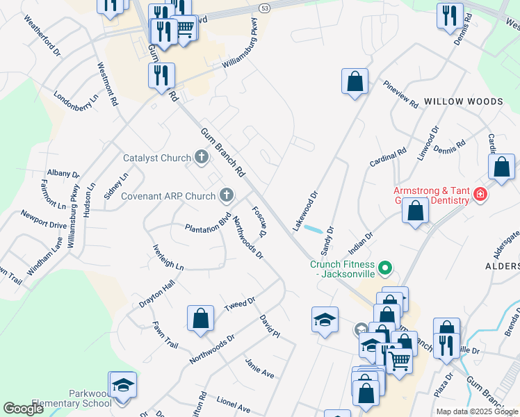 map of restaurants, bars, coffee shops, grocery stores, and more near 1020 Foscue Drive in Jacksonville