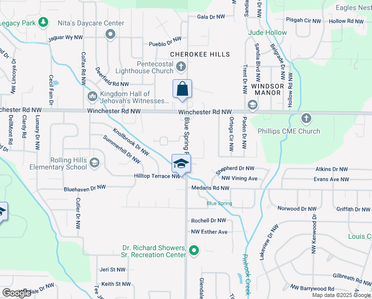 map of restaurants, bars, coffee shops, grocery stores, and more near 5001 Blue Spring Road Northwest in Huntsville