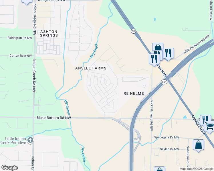 map of restaurants, bars, coffee shops, grocery stores, and more near 7611 Northwest Ashor Drive in Huntsville