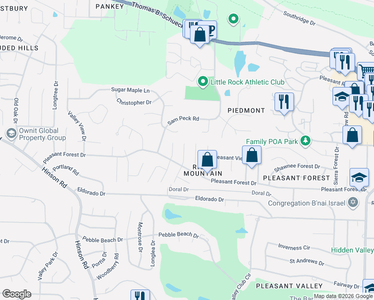 map of restaurants, bars, coffee shops, grocery stores, and more near 16 Marble Court in Little Rock