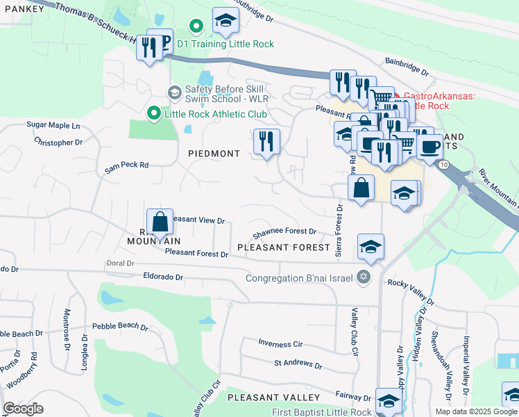 map of restaurants, bars, coffee shops, grocery stores, and more near 26 Rio Grande Forest Drive in Little Rock