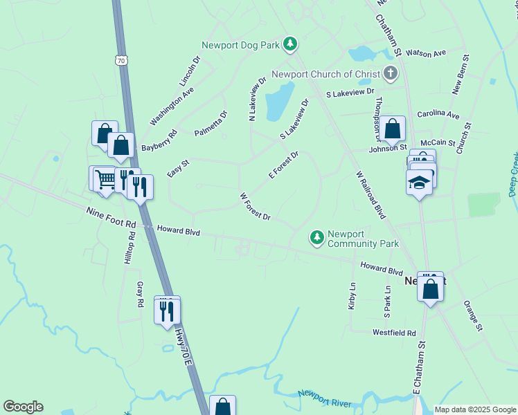map of restaurants, bars, coffee shops, grocery stores, and more near 2611 West Forest Drive in Newport
