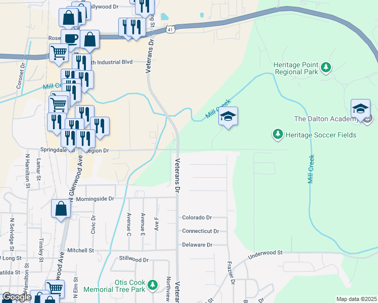 map of restaurants, bars, coffee shops, grocery stores, and more near 1210 Veterans Drive in Dalton