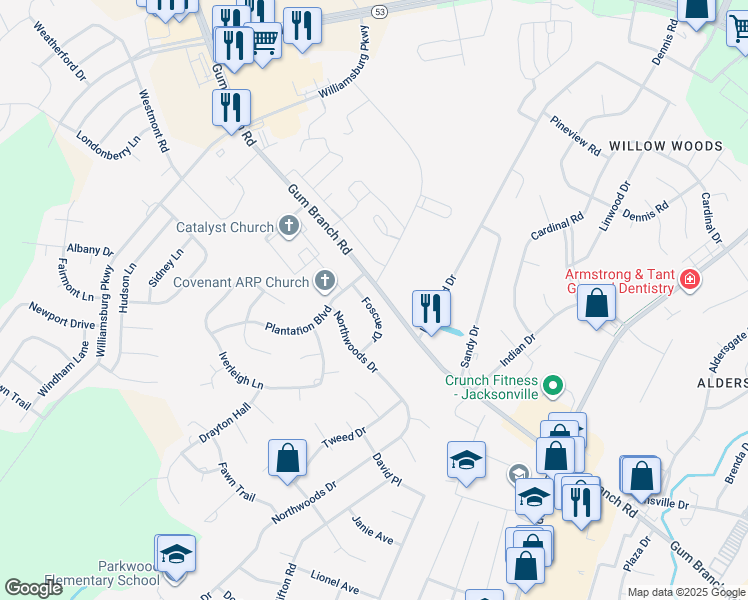 map of restaurants, bars, coffee shops, grocery stores, and more near 1020 Foscue Drive in Jacksonville