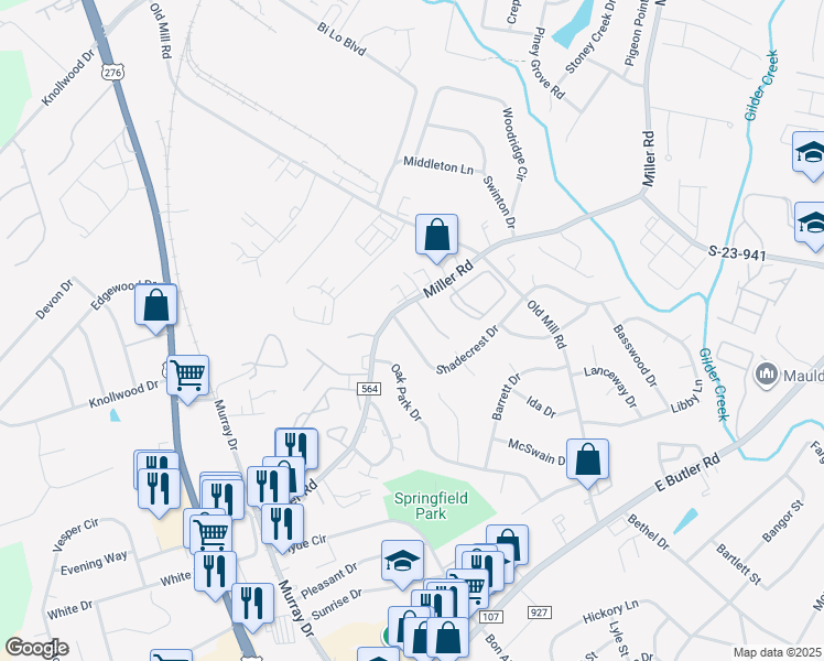 map of restaurants, bars, coffee shops, grocery stores, and more near 105 Shadecrest Drive in Mauldin