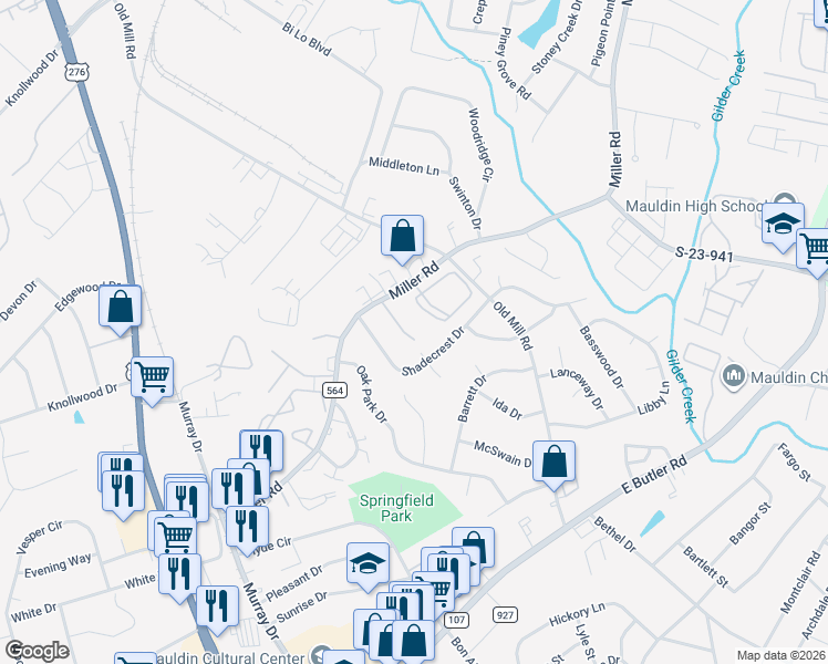 map of restaurants, bars, coffee shops, grocery stores, and more near 330 Miller Road in Mauldin