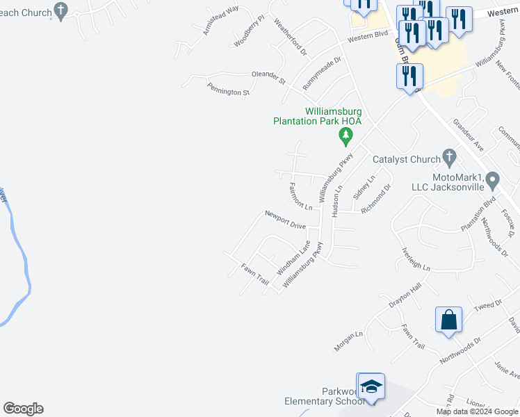 map of restaurants, bars, coffee shops, grocery stores, and more near 220 Newport Drive in Jacksonville