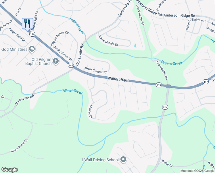 map of restaurants, bars, coffee shops, grocery stores, and more near 2 Brenau Place in Simpsonville