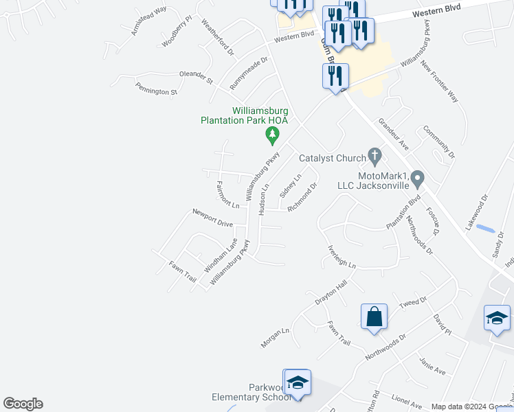 map of restaurants, bars, coffee shops, grocery stores, and more near 128 Hudson Lane in Jacksonville