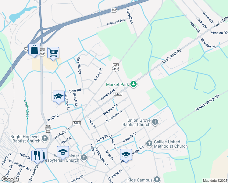 map of restaurants, bars, coffee shops, grocery stores, and more near 601 Warren Avenue in Laurinburg