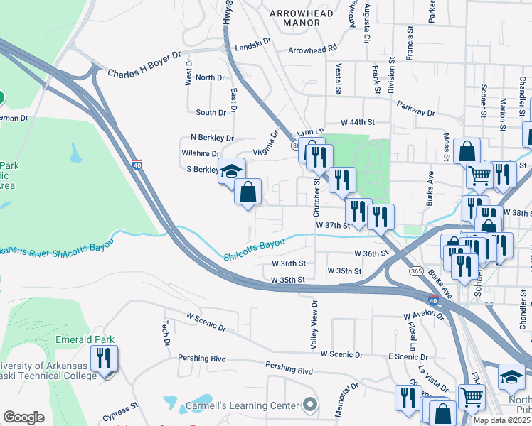 map of restaurants, bars, coffee shops, grocery stores, and more near 2124 West 38th Street in North Little Rock