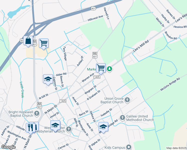 map of restaurants, bars, coffee shops, grocery stores, and more near 601 Warren Avenue in Laurinburg