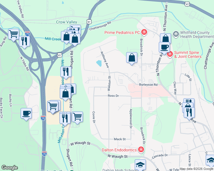 map of restaurants, bars, coffee shops, grocery stores, and more near 1305 Winton Drive in Dalton