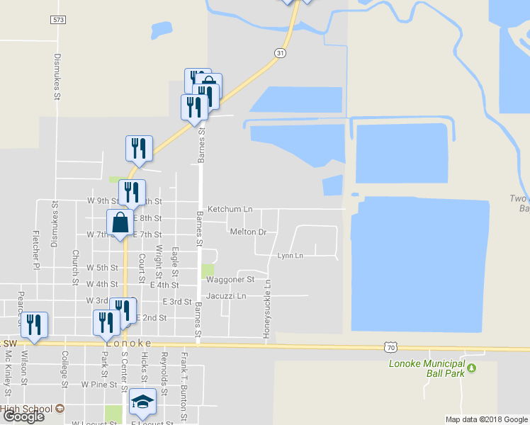 map of restaurants, bars, coffee shops, grocery stores, and more near 103 Sunflower Drive in Lonoke