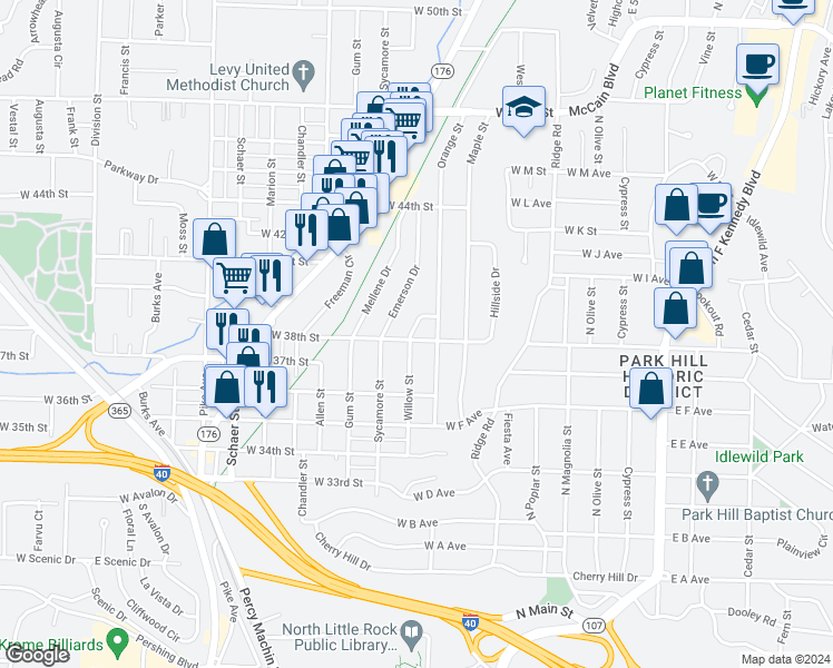 map of restaurants, bars, coffee shops, grocery stores, and more near 3800 Willow Circle in North Little Rock