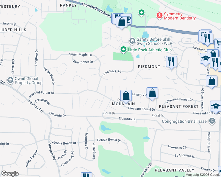 map of restaurants, bars, coffee shops, grocery stores, and more near 16 Marble Court in Little Rock