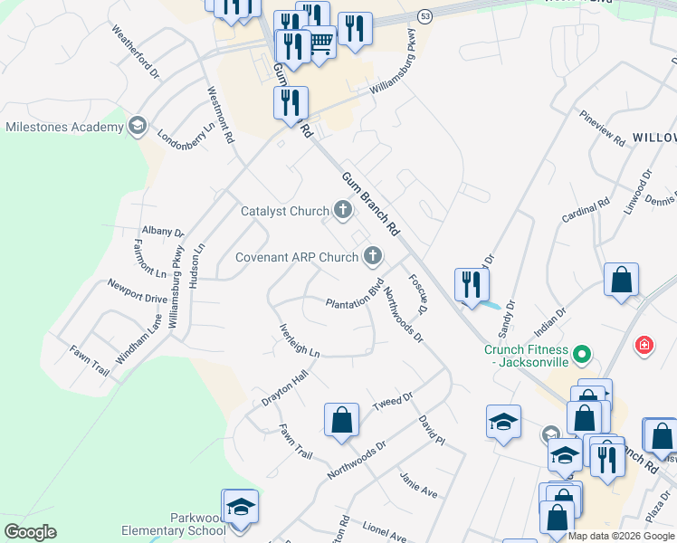map of restaurants, bars, coffee shops, grocery stores, and more near 405 Iverleigh Lane in Jacksonville