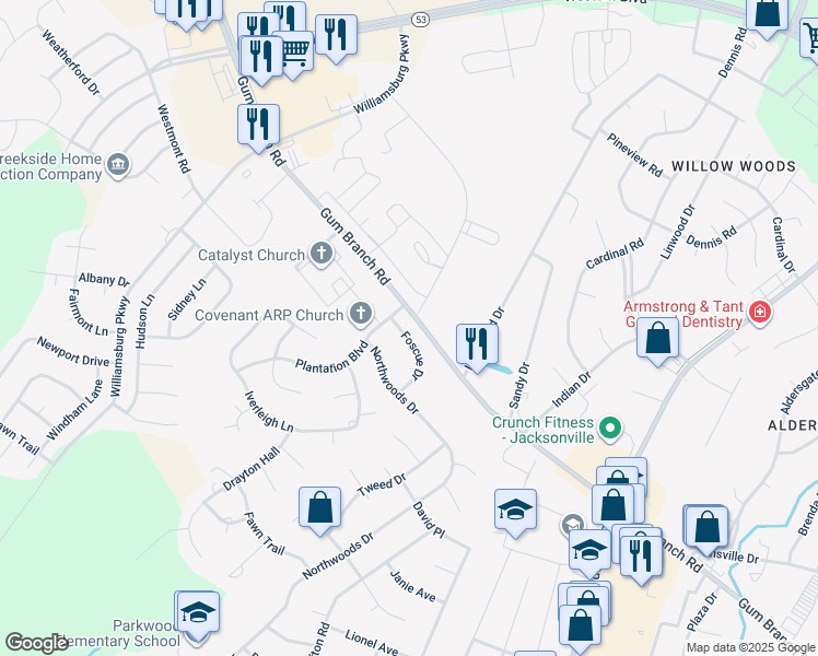 map of restaurants, bars, coffee shops, grocery stores, and more near 1022 Foscue Drive in Jacksonville