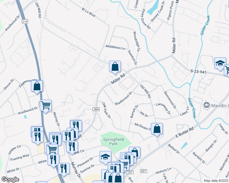 map of restaurants, bars, coffee shops, grocery stores, and more near 2444 Miller Road in Mauldin