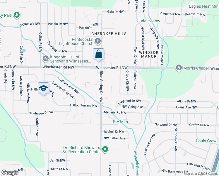 map of restaurants, bars, coffee shops, grocery stores, and more near 5014 Blue Spring Road Northwest in Huntsville