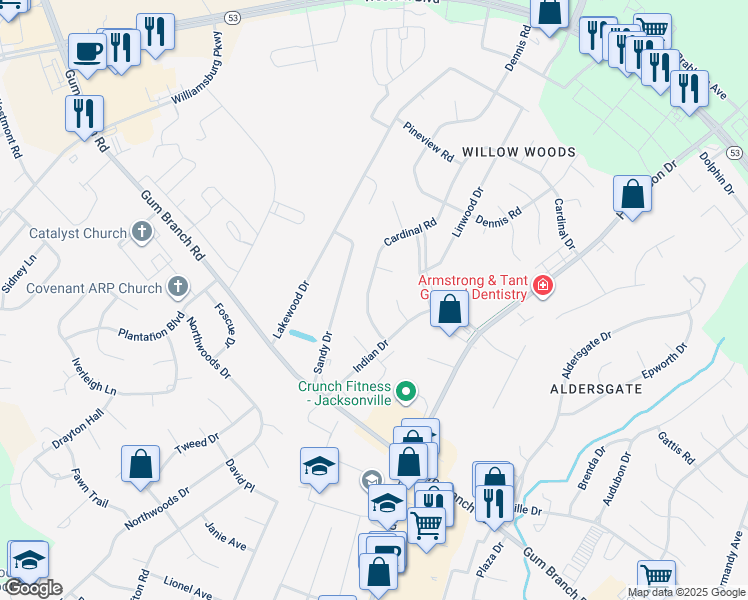 map of restaurants, bars, coffee shops, grocery stores, and more near 112 Cardinal Road in Jacksonville