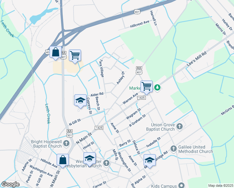 map of restaurants, bars, coffee shops, grocery stores, and more near 1207 North Main Street in Laurinburg