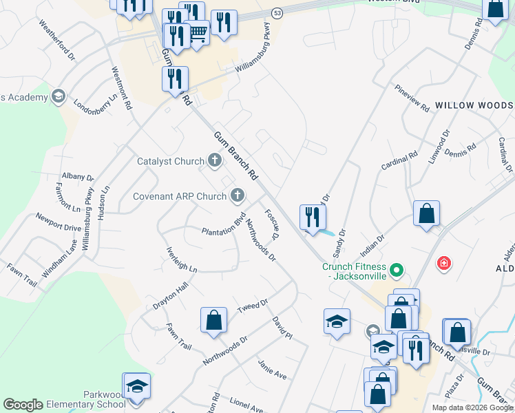 map of restaurants, bars, coffee shops, grocery stores, and more near 1025 Foscue Drive in Jacksonville