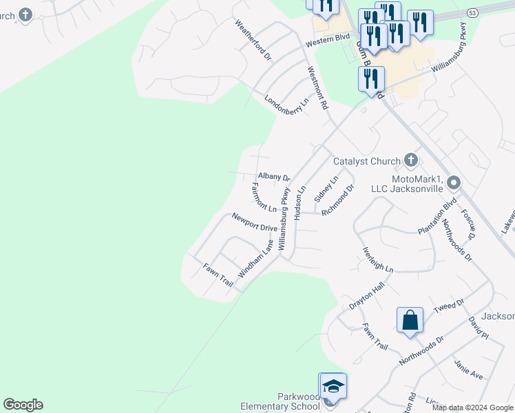 map of restaurants, bars, coffee shops, grocery stores, and more near 101 Mayfield Court in Jacksonville
