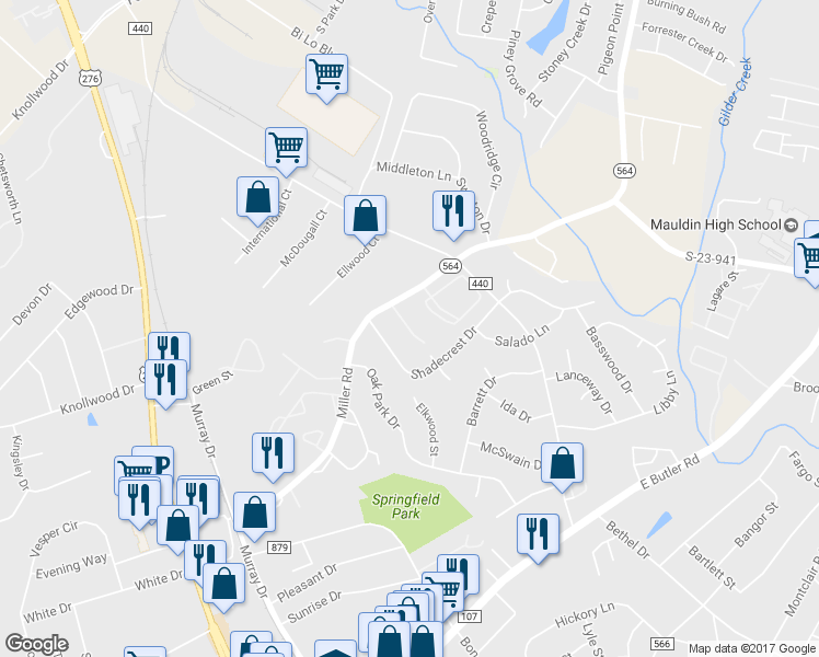 map of restaurants, bars, coffee shops, grocery stores, and more near 2444 Miller Road in Mauldin