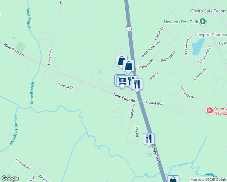 map of restaurants, bars, coffee shops, grocery stores, and more near 7075 U.S. 70 in Newport