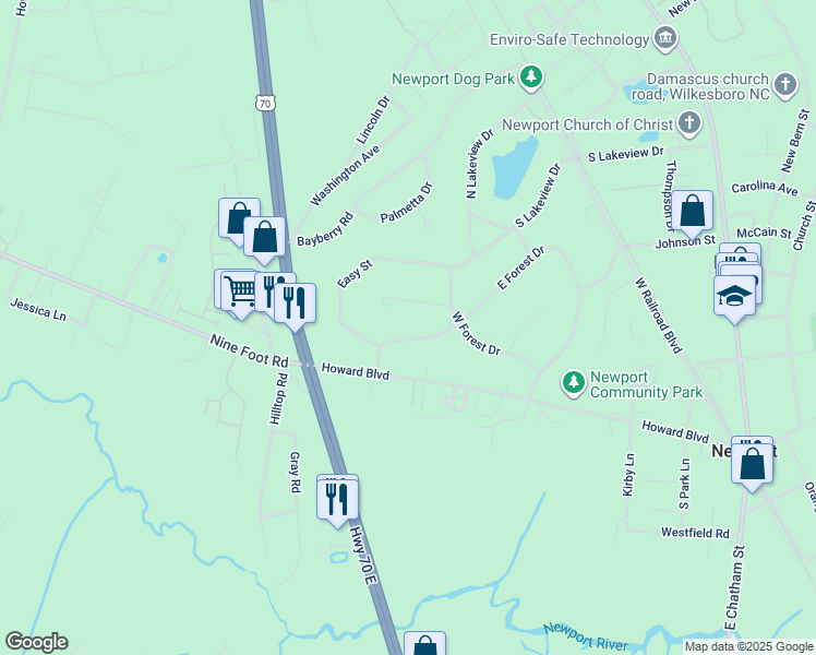 map of restaurants, bars, coffee shops, grocery stores, and more near 2908 Newport Circle in Newport