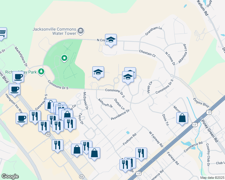 map of restaurants, bars, coffee shops, grocery stores, and more near 315 Commons Drive South in Jacksonville