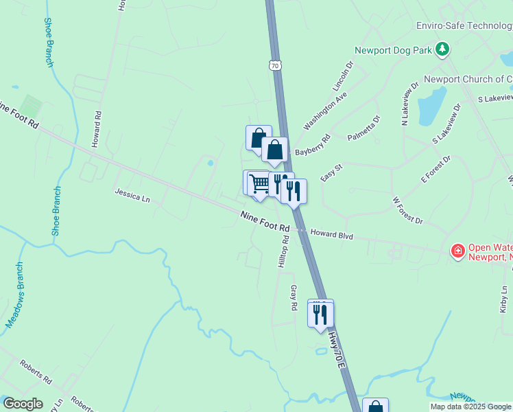 map of restaurants, bars, coffee shops, grocery stores, and more near 7075 U.S. 70 in Newport