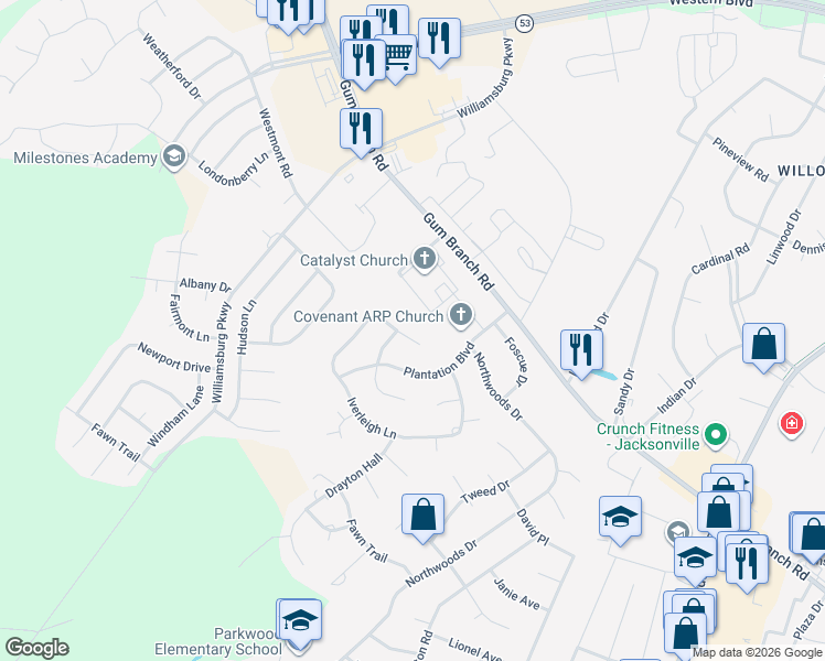 map of restaurants, bars, coffee shops, grocery stores, and more near 405 Iverleigh Lane in Jacksonville