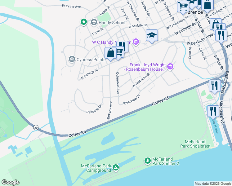 map of restaurants, bars, coffee shops, grocery stores, and more near 345 Beverly Avenue in Florence