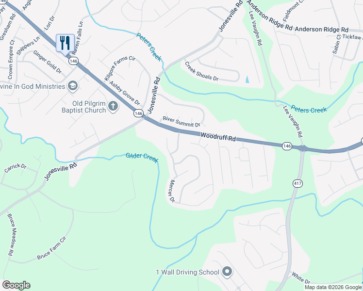map of restaurants, bars, coffee shops, grocery stores, and more near 5 Twinings Drive in Simpsonville