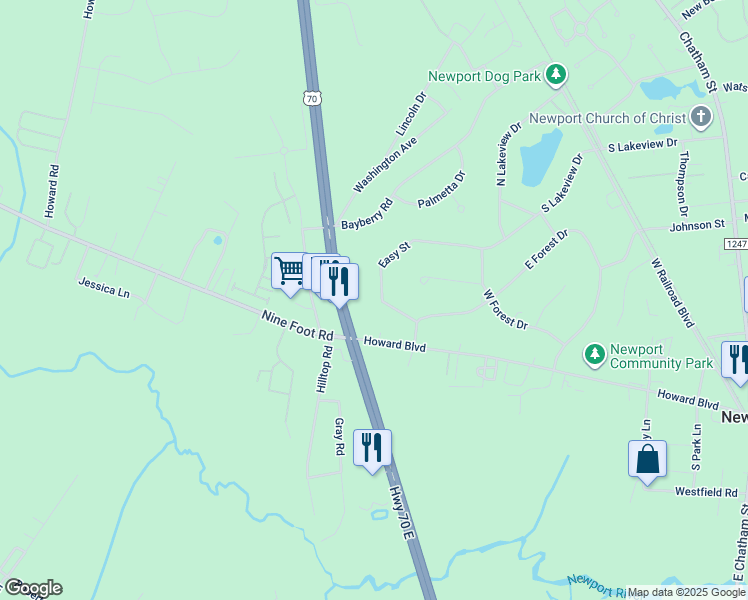 map of restaurants, bars, coffee shops, grocery stores, and more near 2857 Easy Street in Newport