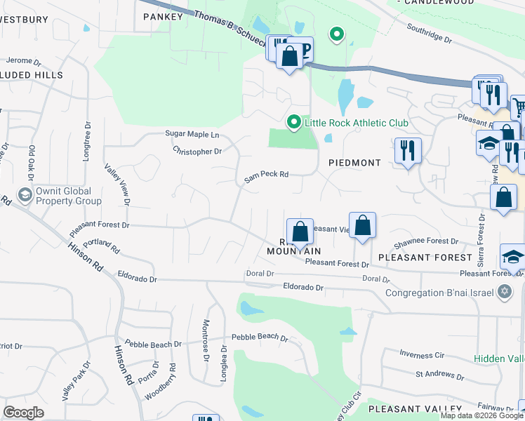 map of restaurants, bars, coffee shops, grocery stores, and more near 16 Marble Court in Little Rock