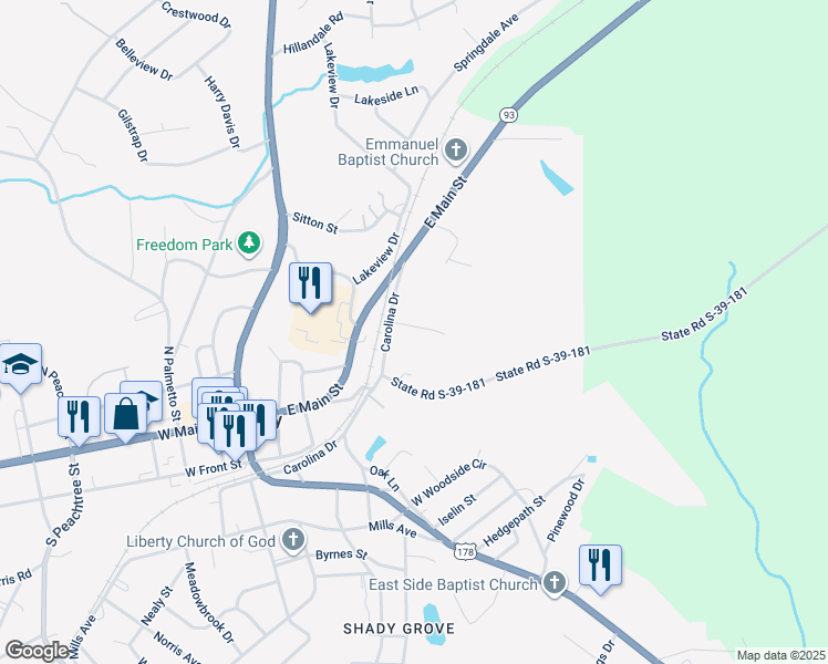 map of restaurants, bars, coffee shops, grocery stores, and more near 7 Welborn Street in Liberty