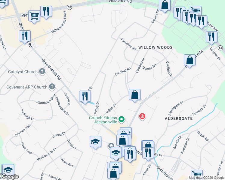 map of restaurants, bars, coffee shops, grocery stores, and more near 118 Cardinal Road in Jacksonville