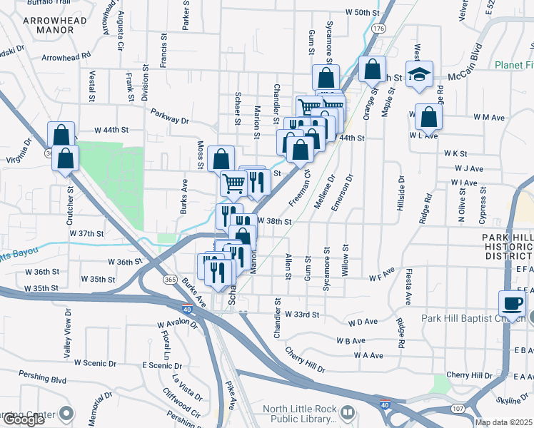 map of restaurants, bars, coffee shops, grocery stores, and more near in North Little Rock