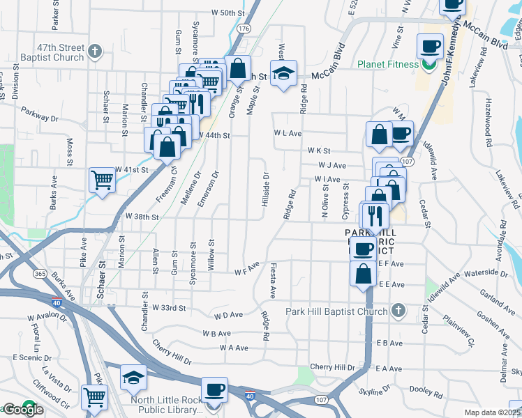 map of restaurants, bars, coffee shops, grocery stores, and more near 3900 Hillside Drive in North Little Rock