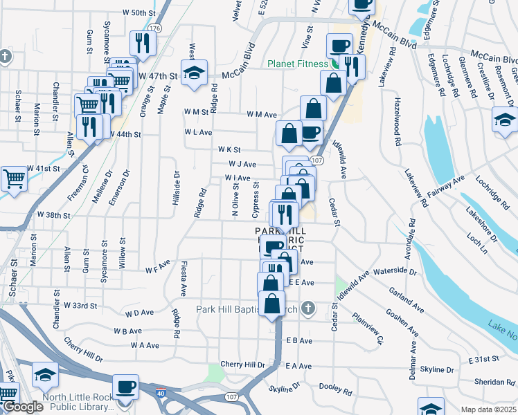 map of restaurants, bars, coffee shops, grocery stores, and more near 3902 North Cypress Street in North Little Rock