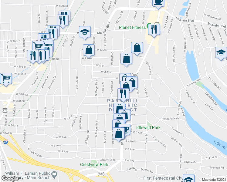 map of restaurants, bars, coffee shops, grocery stores, and more near 3811 North Cypress Street in North Little Rock