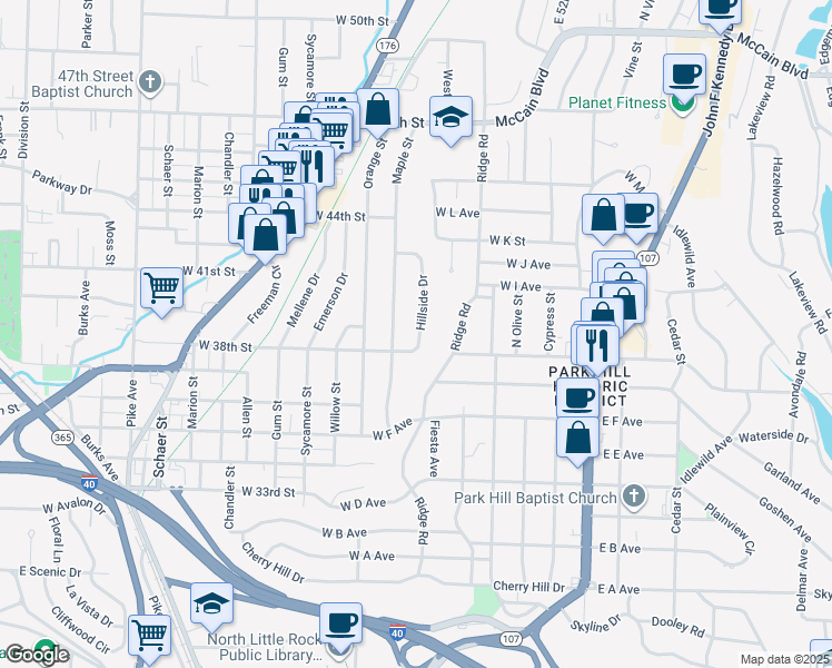 map of restaurants, bars, coffee shops, grocery stores, and more near 3900 Hillside Drive in North Little Rock