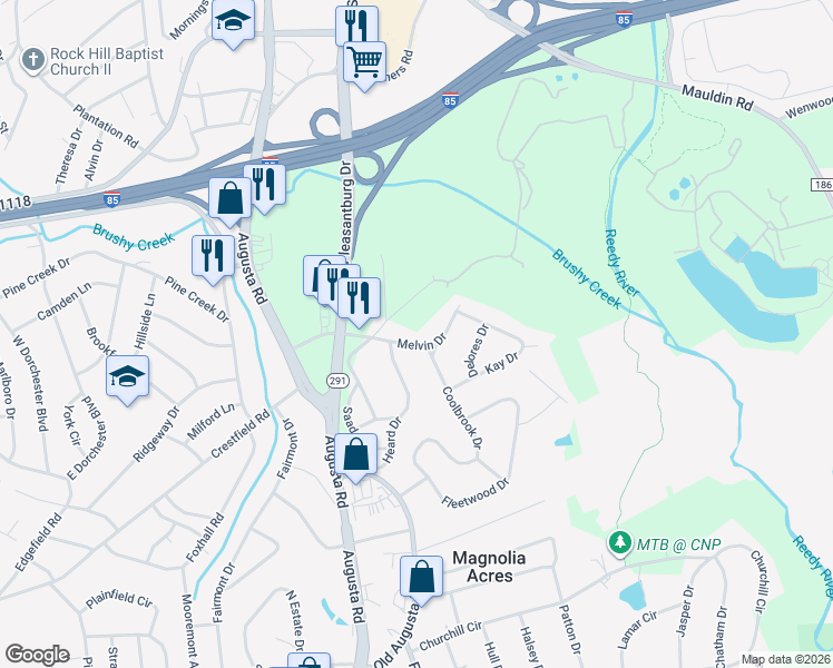 map of restaurants, bars, coffee shops, grocery stores, and more near 9 Melvin Drive in Greenville