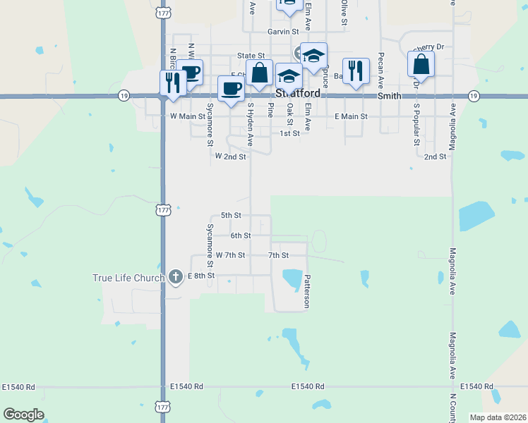 map of restaurants, bars, coffee shops, grocery stores, and more near 120 5th Street in Stratford