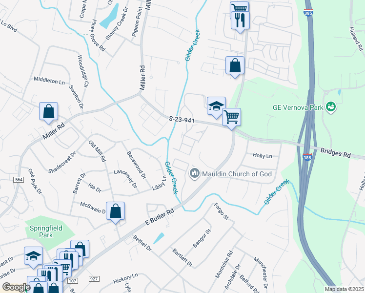 map of restaurants, bars, coffee shops, grocery stores, and more near 402 Queene Street in Mauldin
