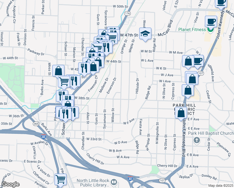 map of restaurants, bars, coffee shops, grocery stores, and more near 3808 Willow Circle in North Little Rock