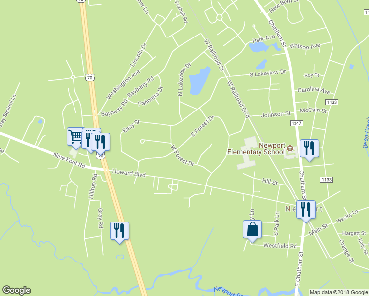 map of restaurants, bars, coffee shops, grocery stores, and more near 2542 East Forest Drive in Newport